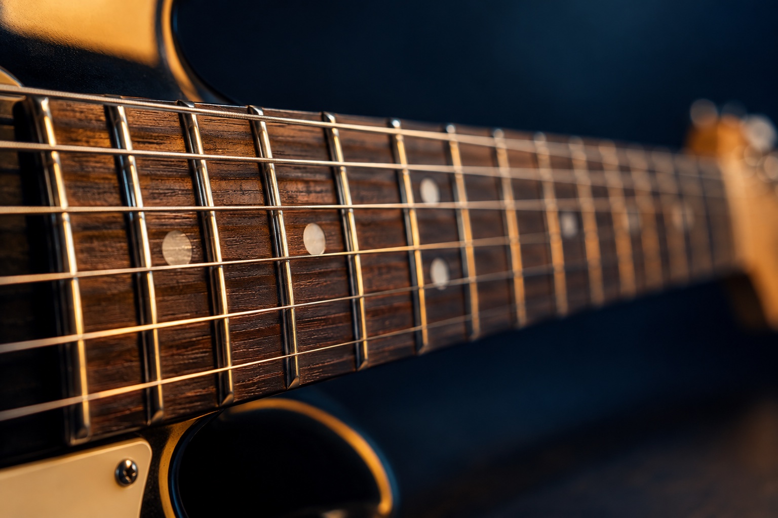 Illustrative close-up of guitar strings and polished frets
